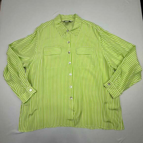 Melrose Silk Studio Tops - Melrose Silk Studio 100% Silk Lime Green and White Striped Long Sleeve Button Do